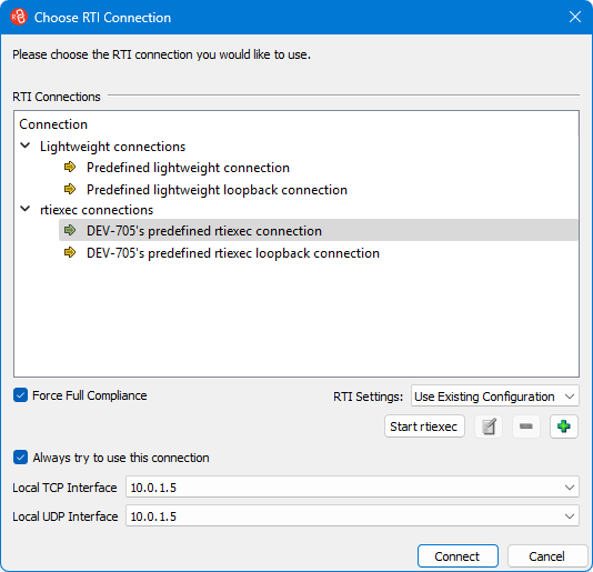 Choose RTI Connection dialog box